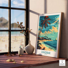 Zanzibar Travel Poster - Tanzania framed on a table near a window showcasing tropical beach scenery.