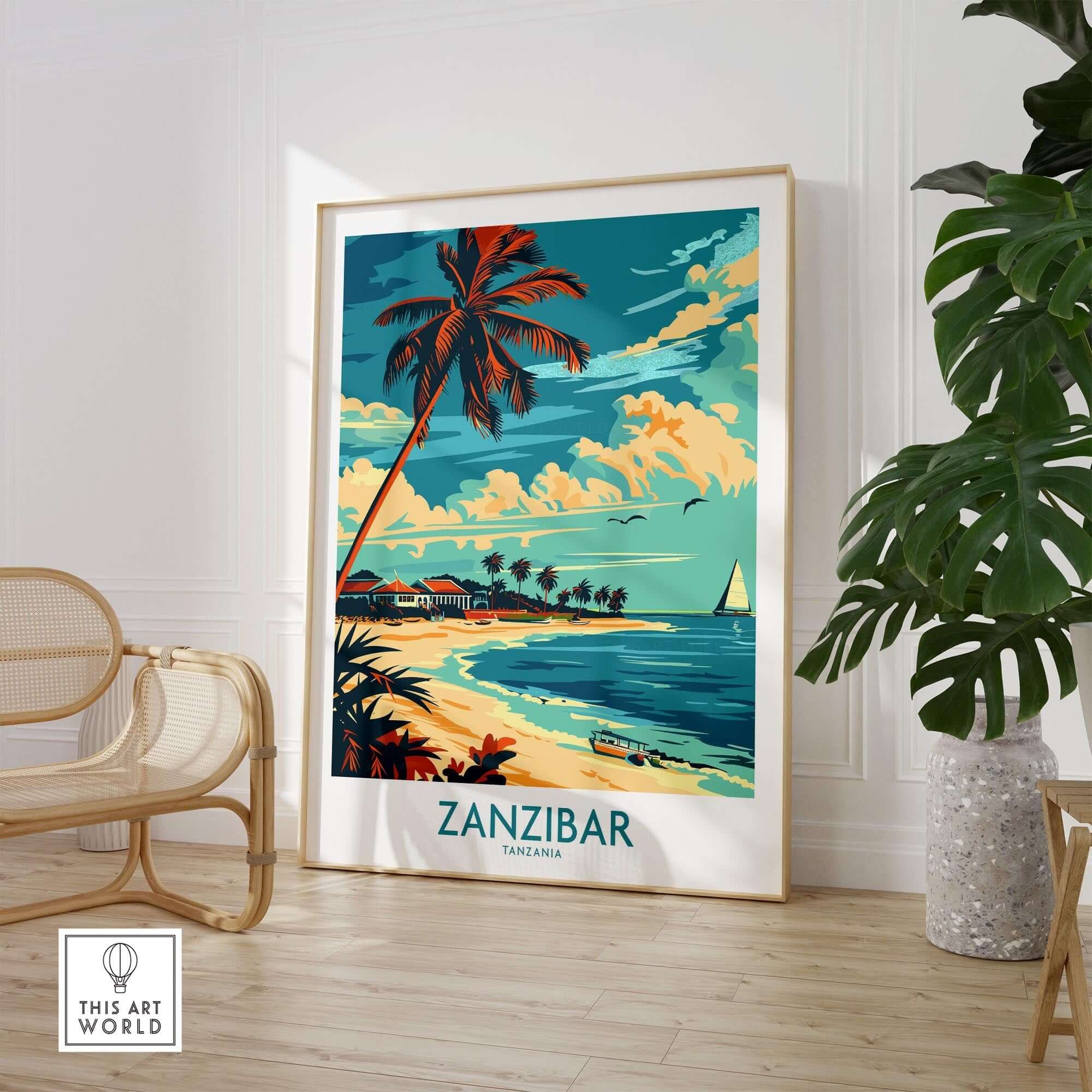 Zanzibar Travel Poster - Tanzania showcasing stunning beaches and palm trees in a vibrant tropical setting.