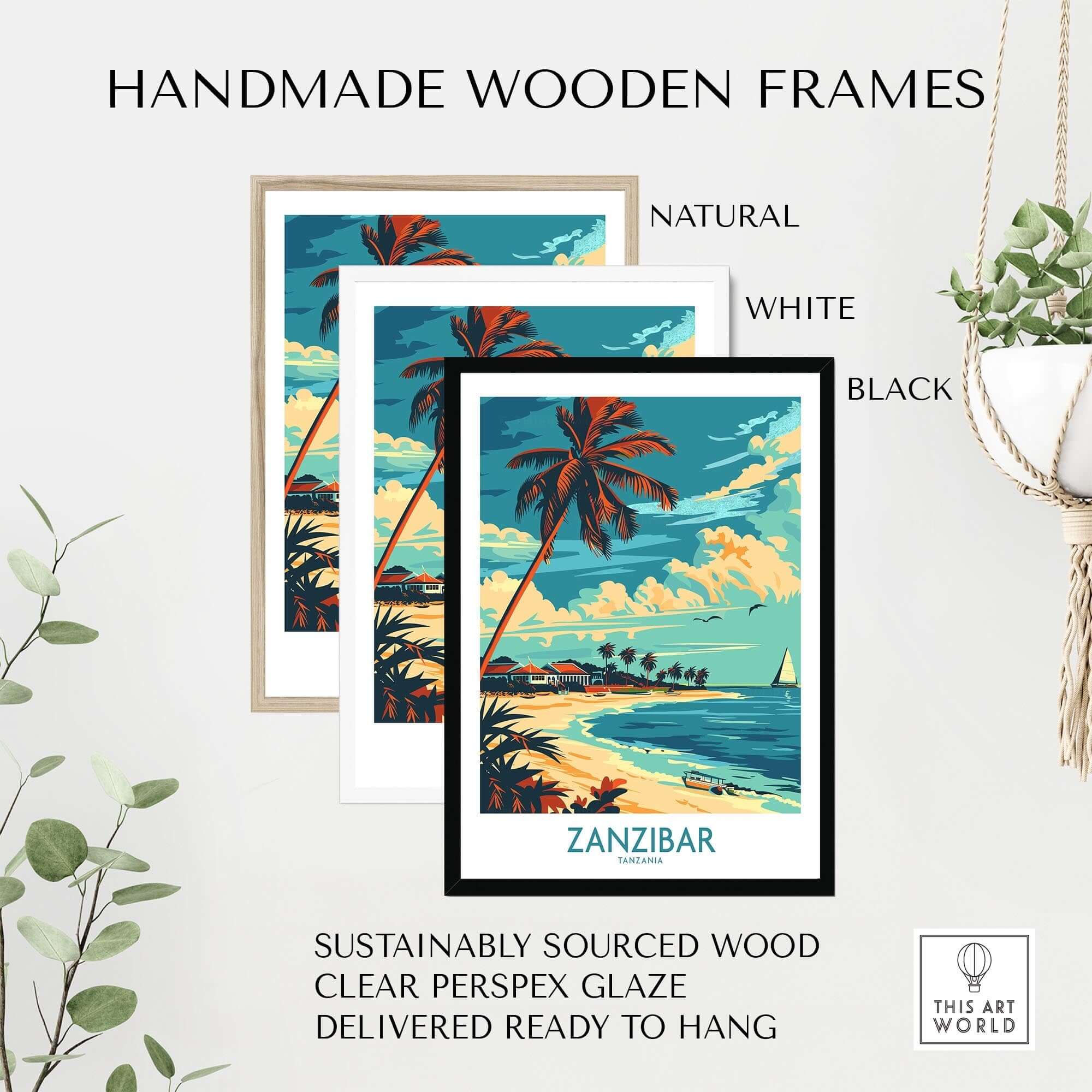 Handmade wooden frames for Zanzibar Travel Poster - Tanzania in natural, white, and black options, ready to hang.