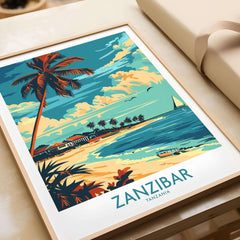 Zanzibar Travel Poster - Tanzania showcasing vibrant beach scene and palm trees in tropical style.