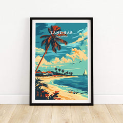 Zanzibar Travel Poster featuring a vibrant beach scene with palm trees and a sailboat in Tanzania.