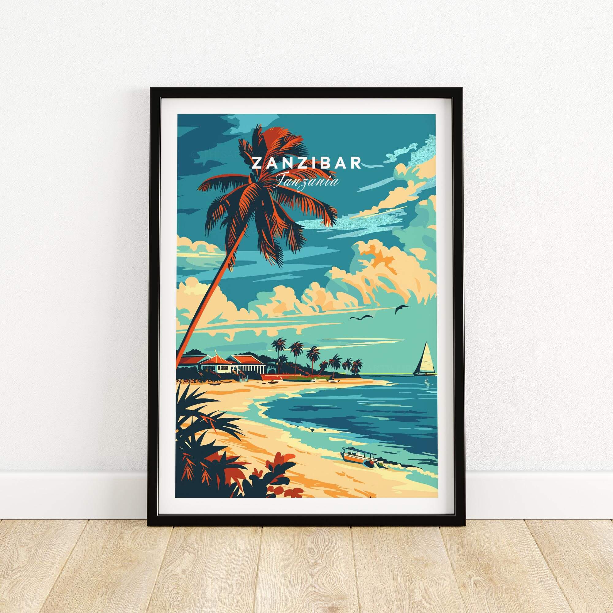 Zanzibar Travel Poster featuring a vibrant beach scene with palm trees and a sailboat in Tanzania.