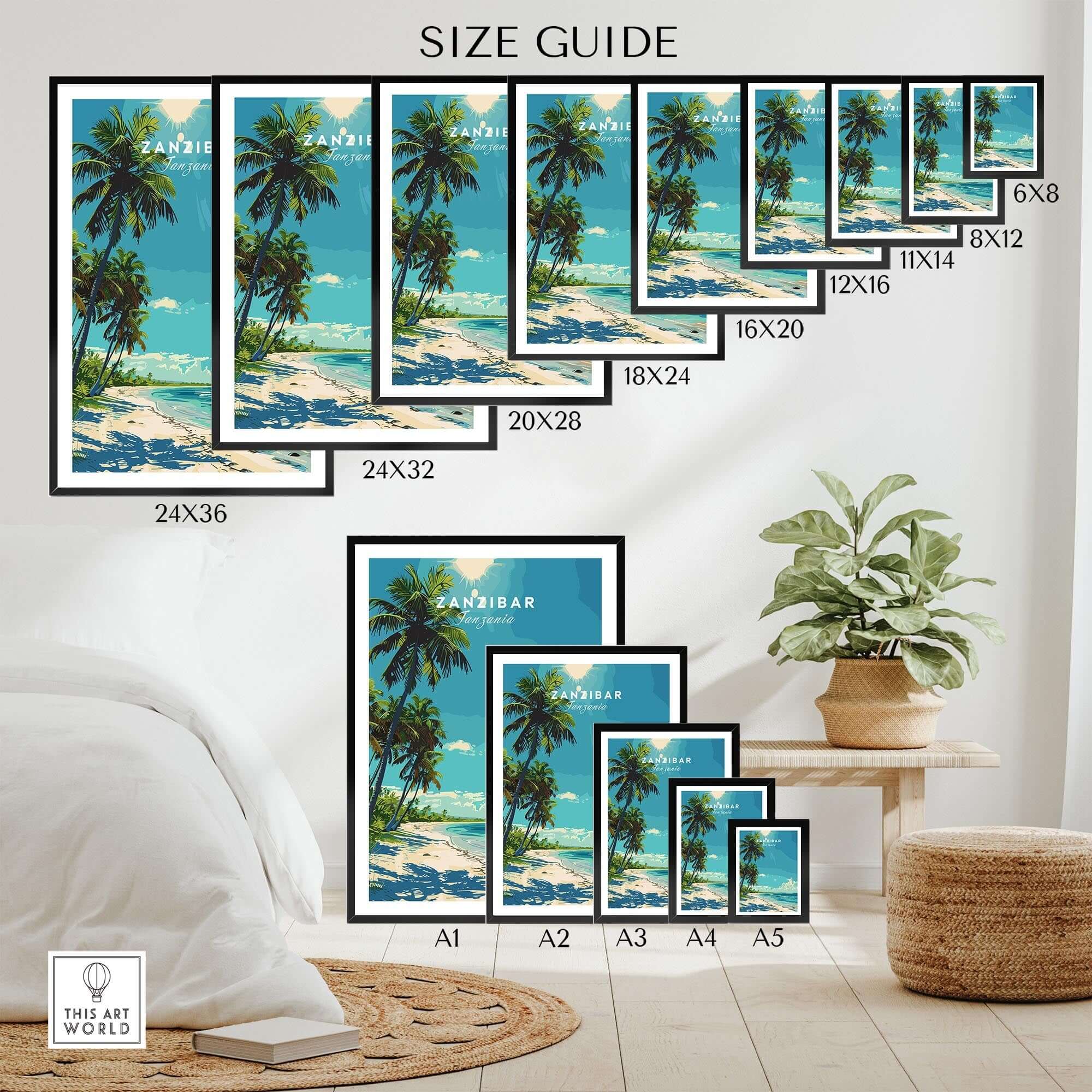 Zanzibar Travel Print size guide showcasing various print sizes and wall art options for the Zanzibar Islands.