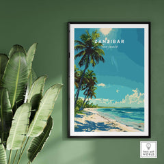 Zanzibar Travel Print showcasing a tropical beach scene with palm trees and ocean waves, perfect wall art for wanderlust.