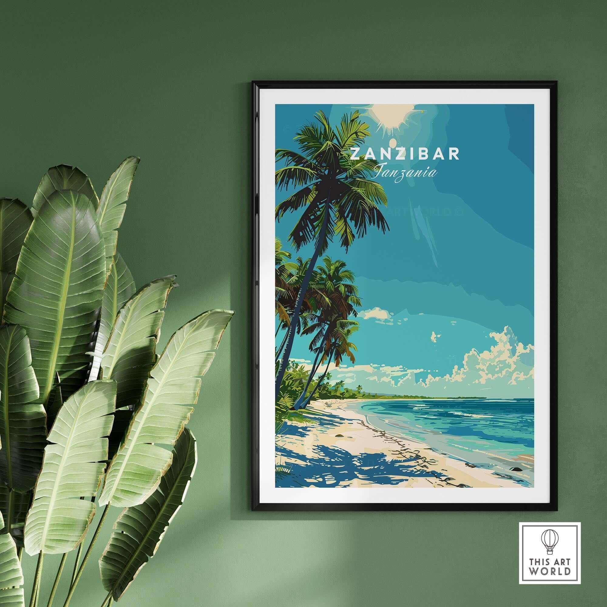Zanzibar Travel Print showcasing a tropical beach scene with palm trees and ocean waves, perfect wall art for wanderlust.