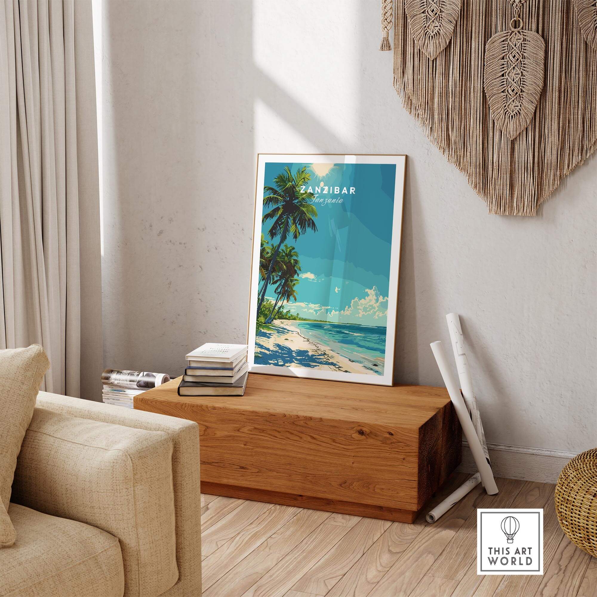 Zanzibar Travel Print showcasing vibrant tropical scenery in a stylish home decor setting.