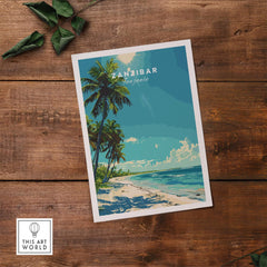 Zanzibar Travel Print featuring a tropical beach scene with palm trees and clear ocean waters.