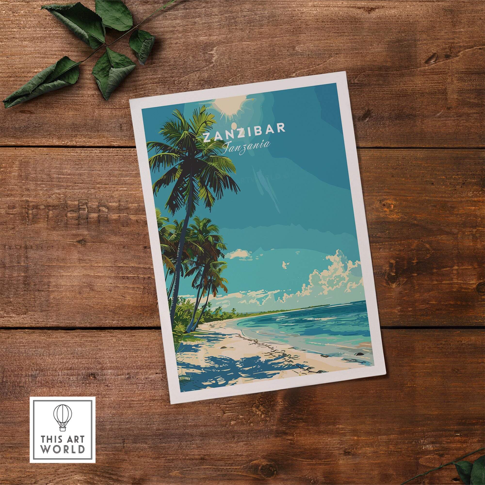 Zanzibar Travel Print featuring a tropical beach scene with palm trees and clear ocean waters.