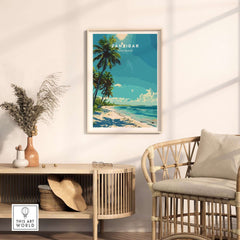 Zanzibar Travel Print showcasing palm trees and crystal-clear waters in a stylish room setting.