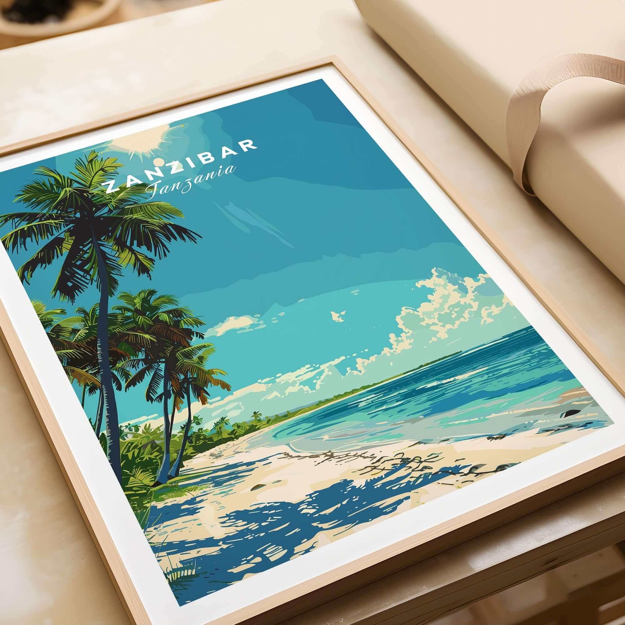 Zanzibar Travel Print showcasing vibrant coastlines and palm trees in a stunning wall art design.