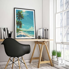 Zanzibar Travel Print displayed in a stylish home office, showcasing vibrant beach and palm tree scene