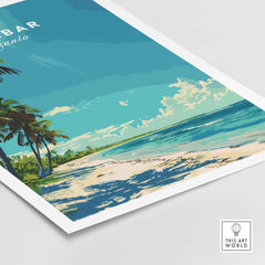 Zanzibar Travel Print featuring lush palm trees and crystal-clear waters on the beach of Zanzibar Islands.