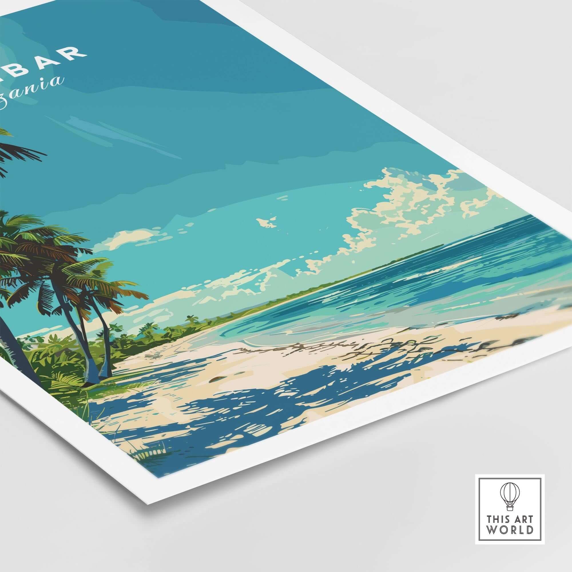 Zanzibar Travel Print featuring lush palm trees and crystal-clear waters on the beach of Zanzibar Islands.