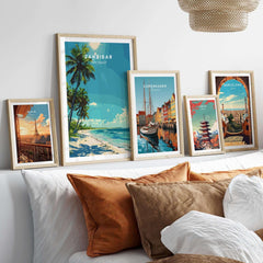 Zanzibar Travel Print showcased among other travel art prints on a stylish bedroom wall, exuding wanderlust and beauty.