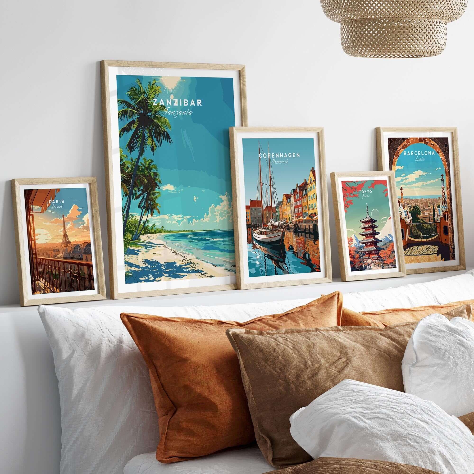 Zanzibar Travel Print showcased among other travel art prints on a stylish bedroom wall, exuding wanderlust and beauty.