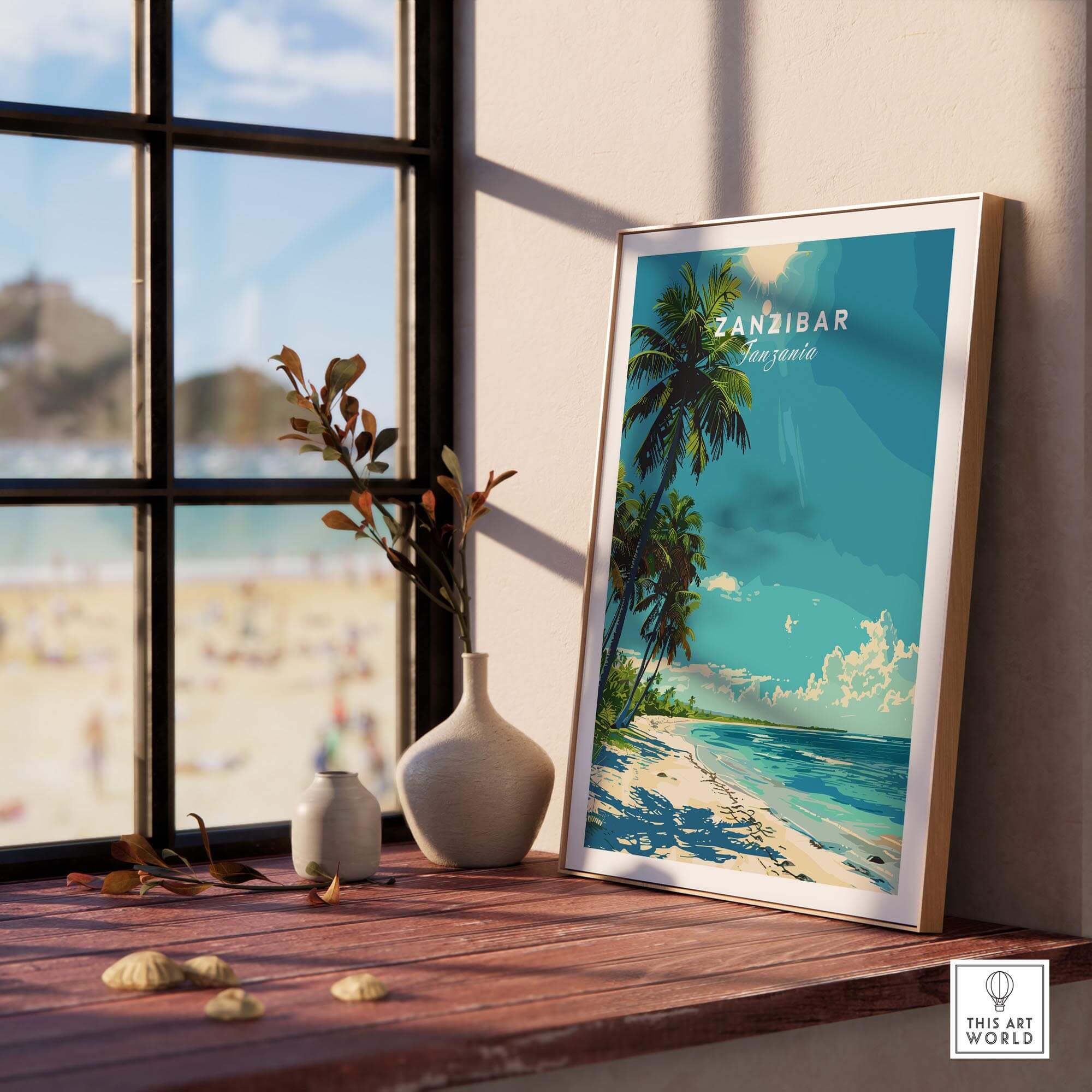 Zanzibar Travel Print showcasing vibrant tropical scenery and beach view, perfect wall art for wanderlust lovers.