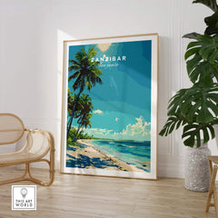 Zanzibar Travel Print featuring vibrant beach scene with palm trees and crystal-clear waters in a framed wall art design.