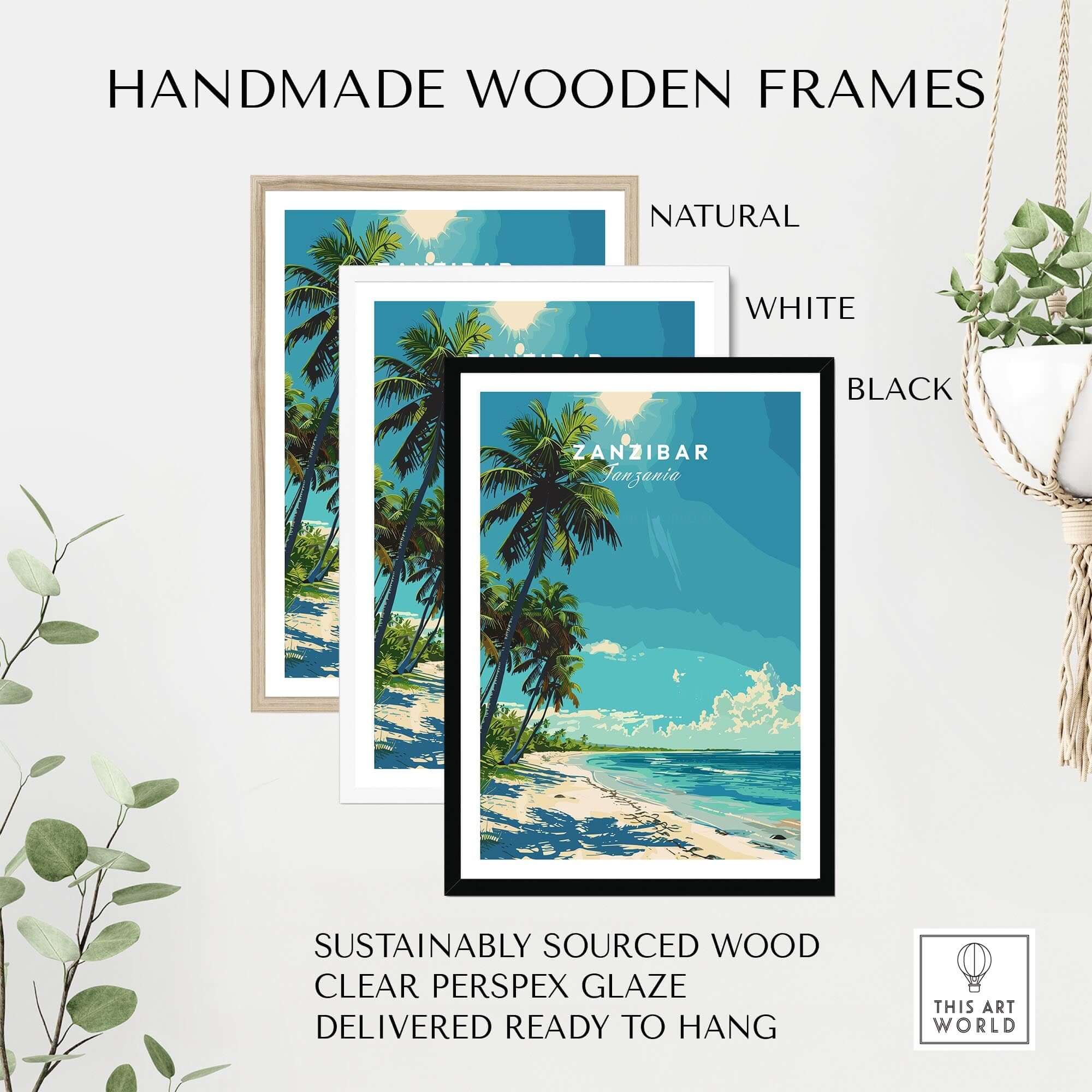 Zanzibar Travel Print framed in handmade wooden frames of natural, white, and black colors, showcasing vibrant island imagery.