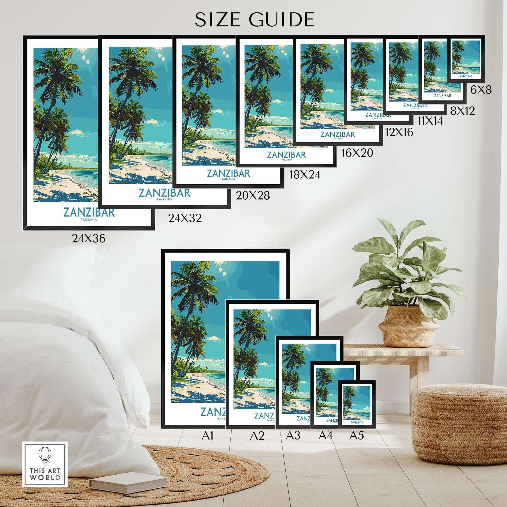 Zanzibar Travel Print - Tanzania size guide showcasing different print dimensions with palm trees and beach scenery.