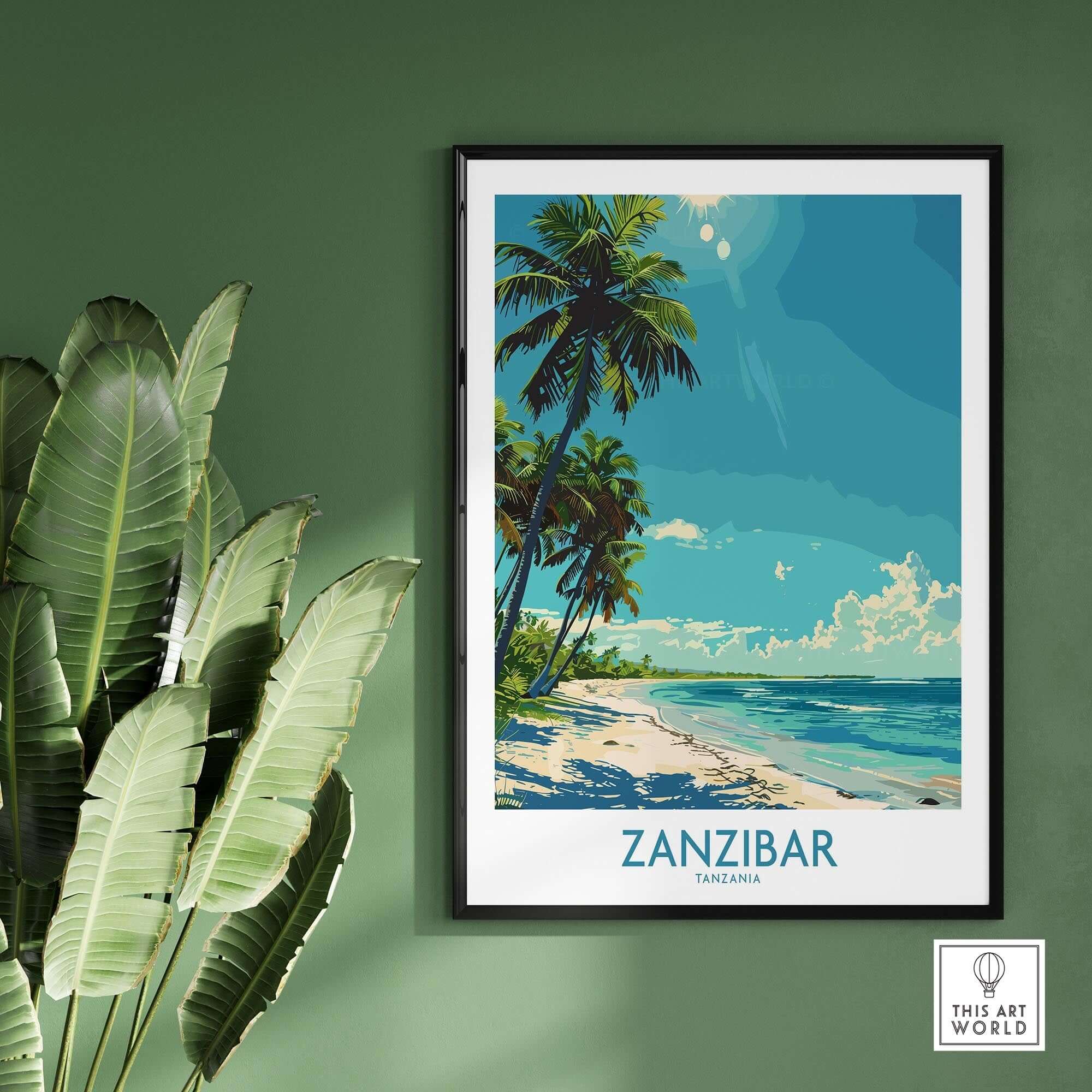 Zanzibar Travel Print - Tanzania showcasing a beautiful beach and palm trees in vibrant colors.