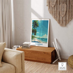 Zanzibar Travel Print - Tanzania displayed in a cozy living room, showcasing beautiful beach and palm trees.