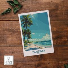 Zanzibar Travel Print - Tanzania showcasing a tropical beach scene with palm trees and vibrant blue skies.