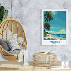 Zanzibar Travel Print - Tanzania showcasing a vibrant beach scene with palm trees and ocean, perfect for travel enthusiasts.