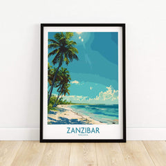 Zanzibar Travel Print - Tanzania featuring a beach scene with palm trees and ocean waves in vibrant colors.