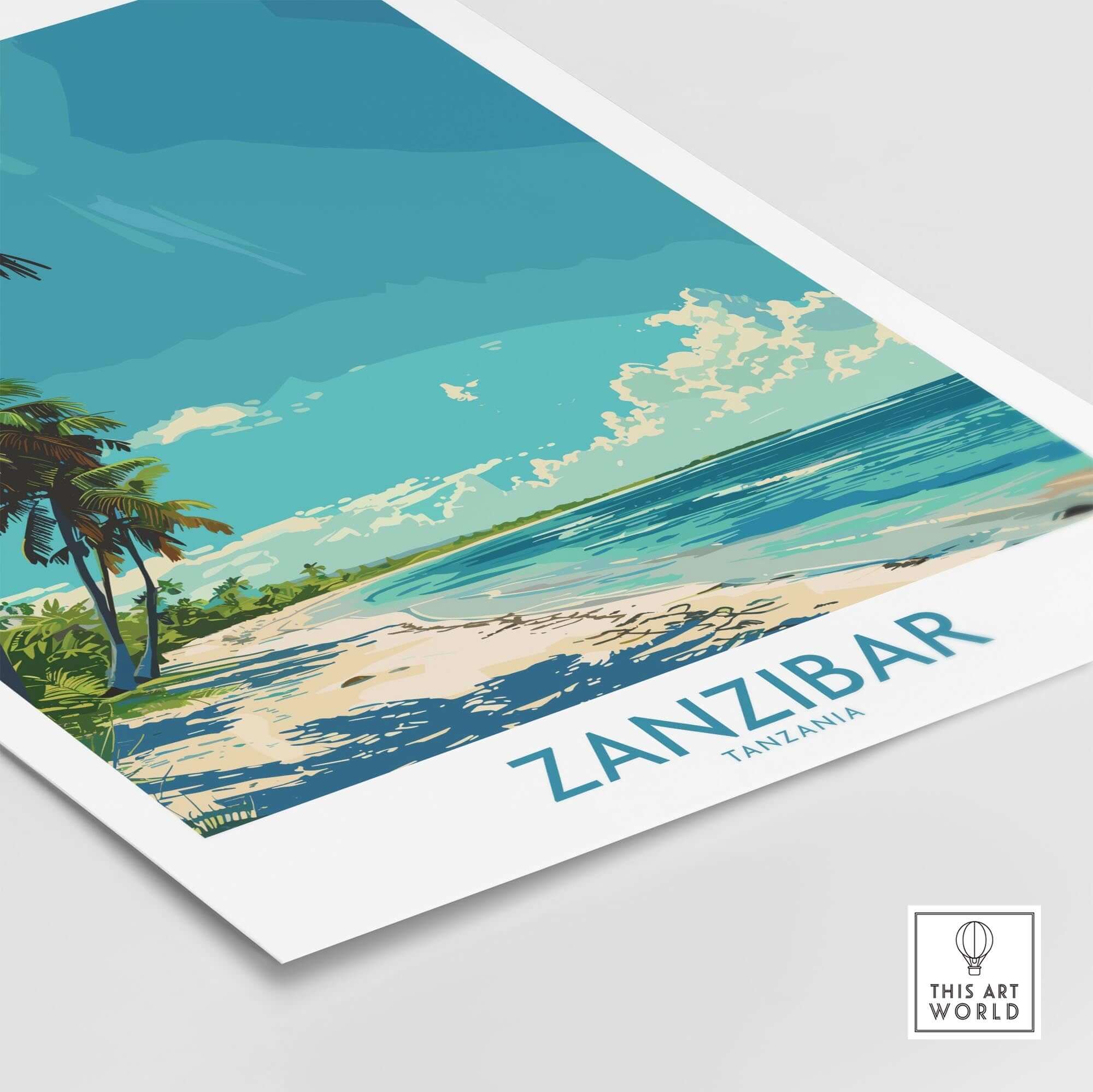 Zanzibar Travel Print - Tanzania featuring a beautiful blue beach design with palm trees and clear skies.