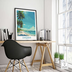 Zanzibar Travel Print - Tanzania displayed in a stylish home office setting, showcasing tropical beach artwork.