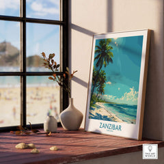 Zanzibar Travel Print - Tanzania displayed on a windowsill with beach view and decorative items.