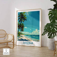 Zanzibar Travel Print - Tanzania showcasing a tropical beach oasis with palm trees and clear blue skies.