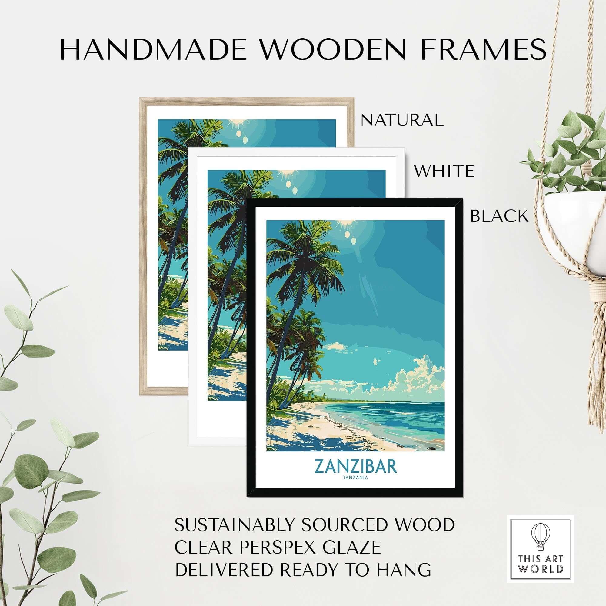 Zanzibar Travel Print - Tanzania featured in handmade wooden frames, including natural, white, and black options.