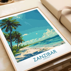 Zanzibar Travel Print - Tanzania showcasing vibrant beach scene with palm trees and clear blue waters.