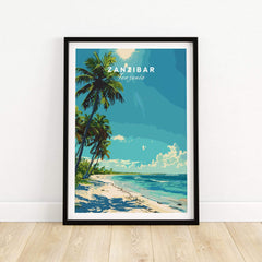Zanzibar Travel Print featuring a tropical beach scene with palm trees and clear ocean waters.