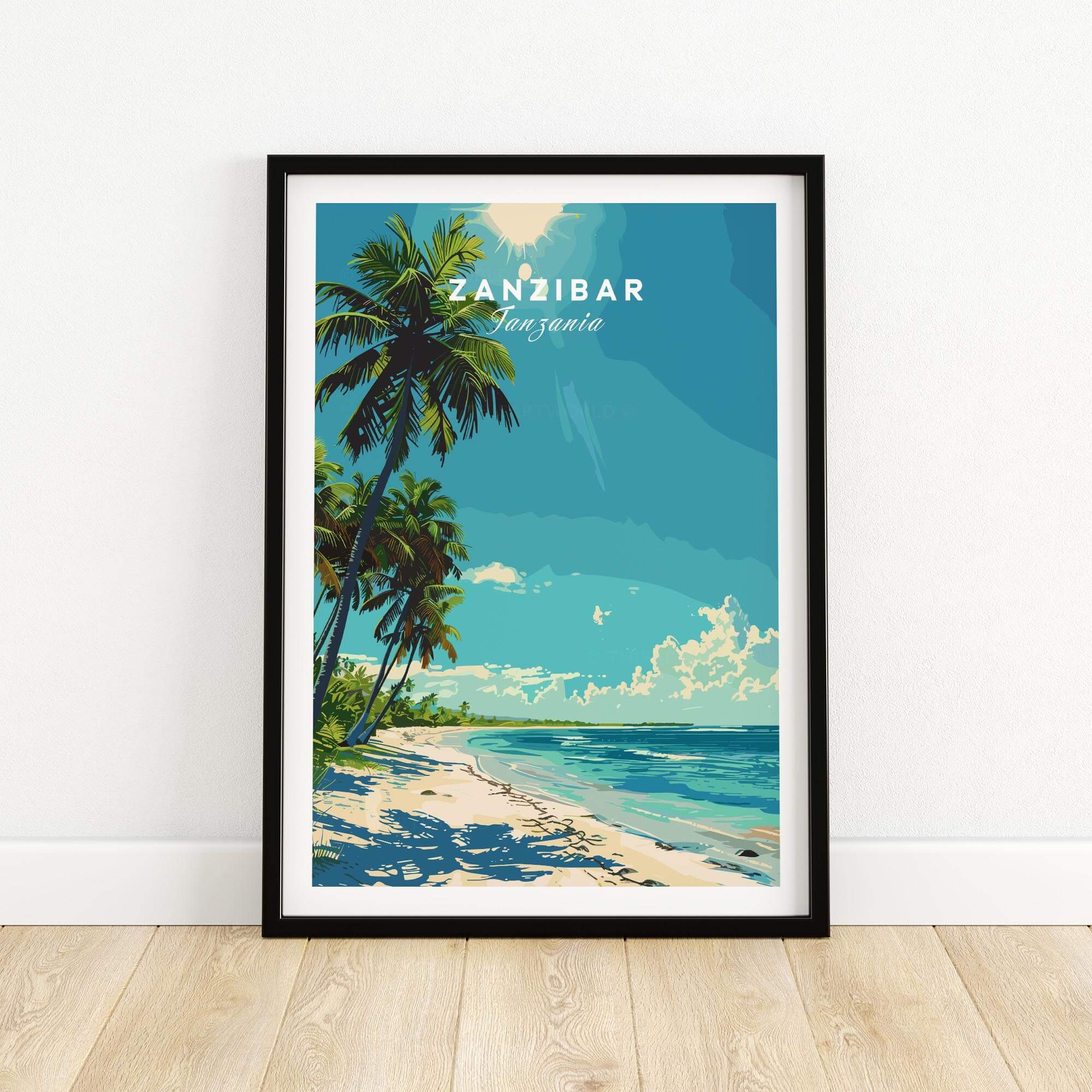 Zanzibar Travel Print featuring a tropical beach scene with palm trees and clear ocean waters.