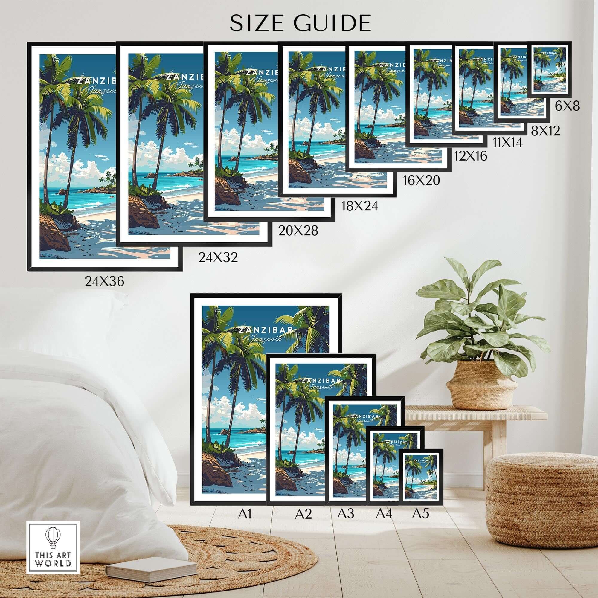 Zanzibar Wall Art Print size guide showcasing various dimensions and a tropical beach scene with palm trees.
