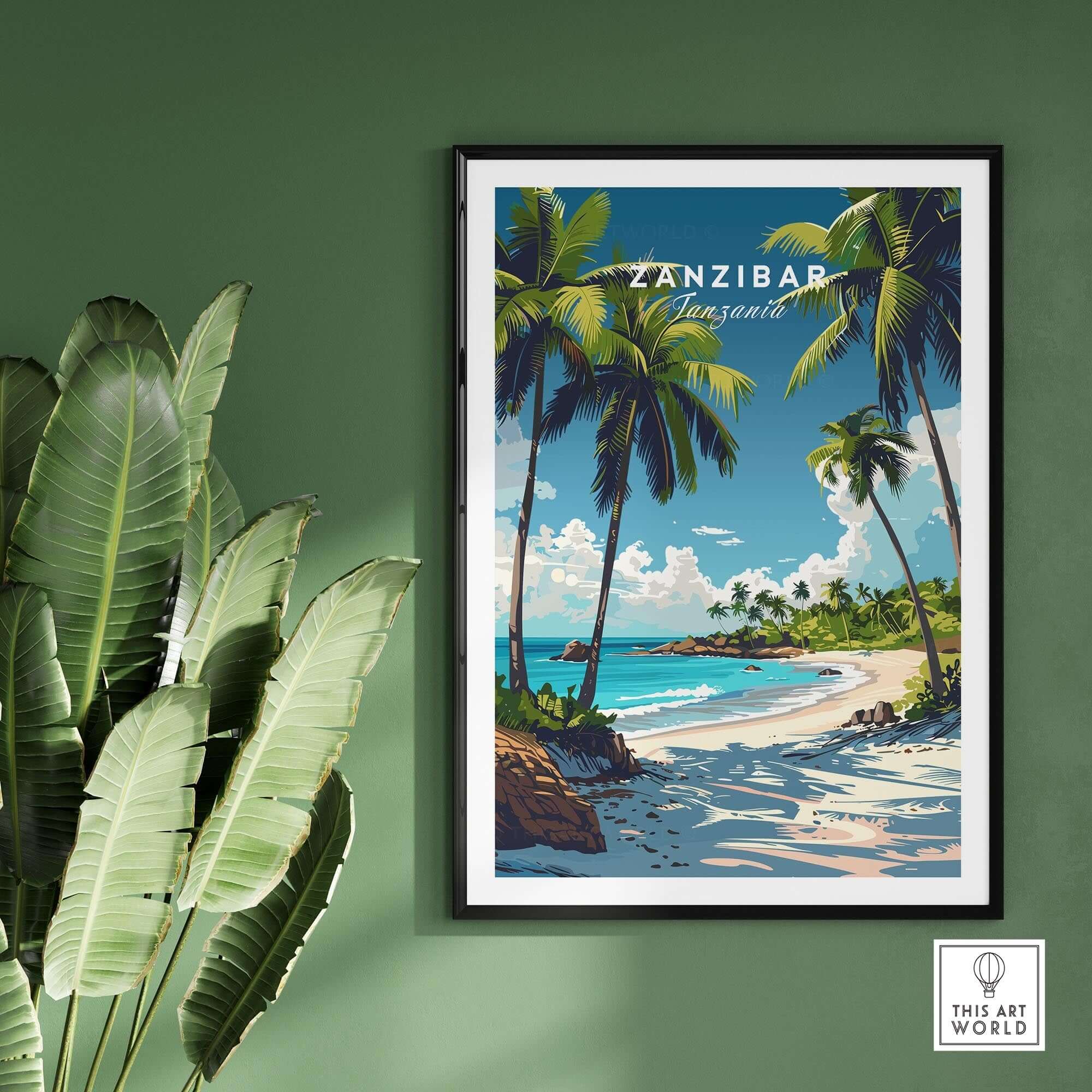Zanzibar Wall Art Print featuring tropical scenery with palm trees and a beautiful beach on a green wall.