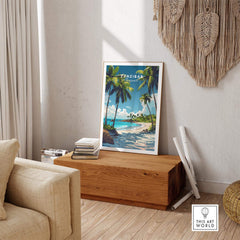 Zanzibar Wall Art Print featuring tropical paradise with palm trees and a beachfront, perfect for home decor.
