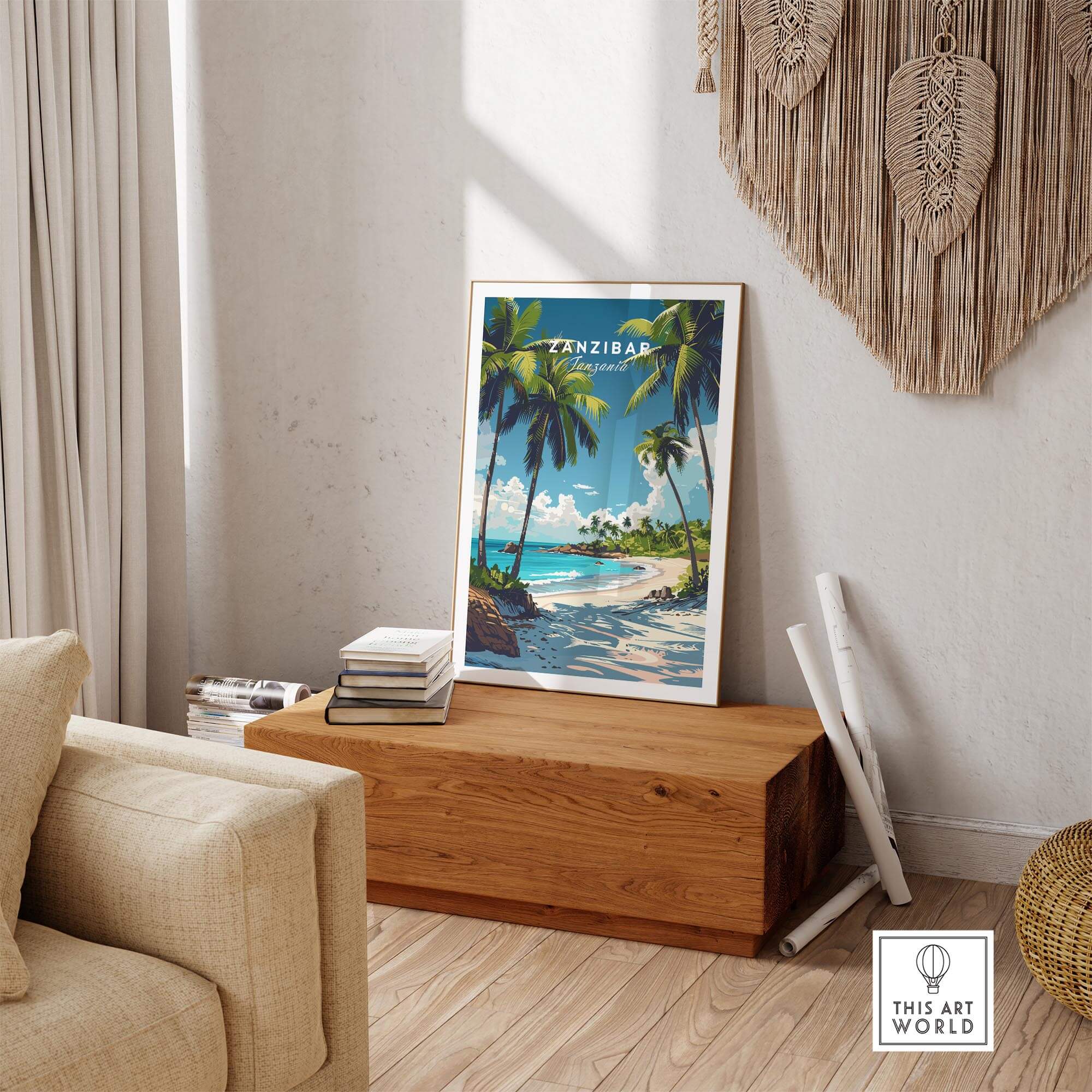 Zanzibar Wall Art Print featuring tropical paradise with palm trees and a beachfront, perfect for home decor.