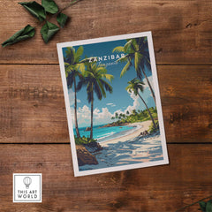 Zanzibar Wall Art Print featuring a tropical beach scene with palm trees and clear blue skies.