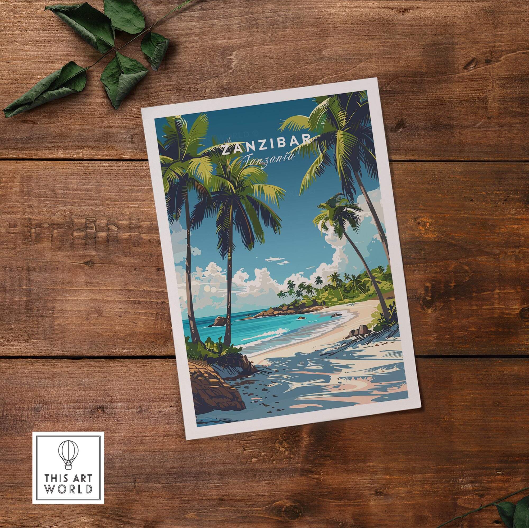Zanzibar Wall Art Print featuring a tropical beach scene with palm trees and clear blue skies.