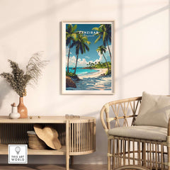 Zanzibar Wall Art Print featuring vibrant palm trees and a serene beachfront in a stylish interior setting.
