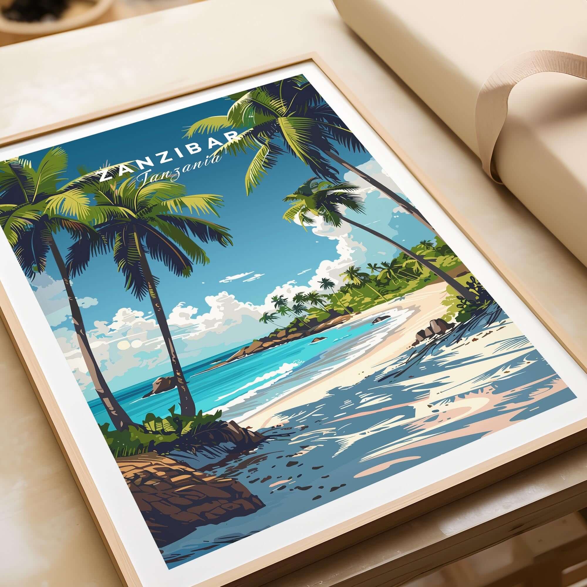 Zanzibar Wall Art Print featuring palm trees and a serene beach scene representing Zanzibar Island's beauty.