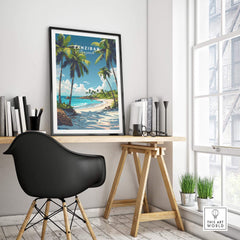 Zanzibar Wall Art Print showcasing tropical scenery with palm trees and a beach, perfect for home decor.