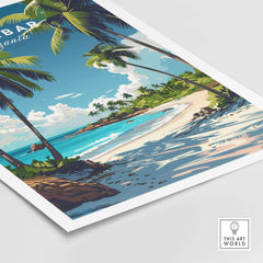 Zanzibar Wall Art Print showcasing a tropical beach, palm trees, and clear blue skies, perfect for home decor.
