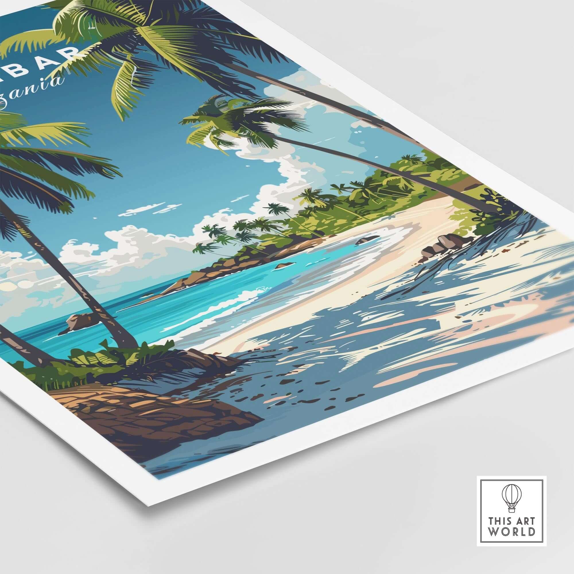 Zanzibar Wall Art Print showcasing a tropical beach, palm trees, and clear blue skies, perfect for home decor.