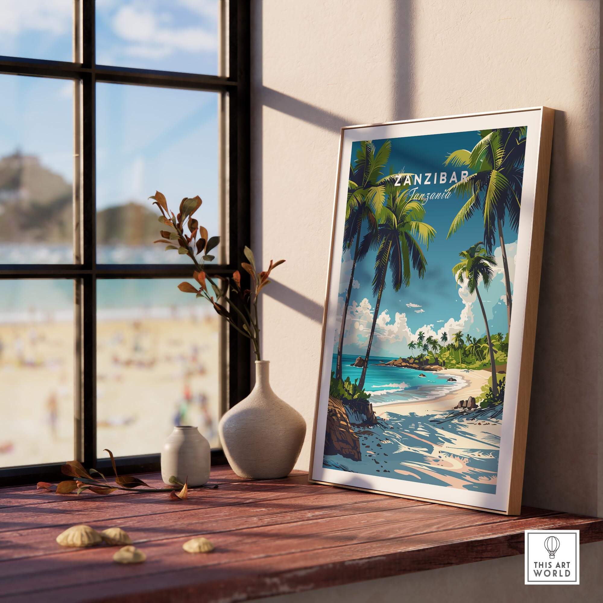Zanzibar Wall Art Print featuring tropical palm trees and a beautiful beach view from a sunlit window.