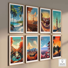 Zanzibar Wall Art Print showcasing tropical scenery with palm trees and blue skies among other travel posters.