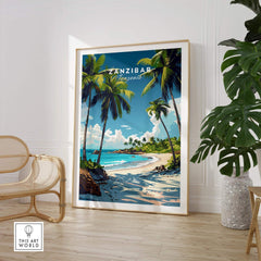 Zanzibar Wall Art Print showcasing a tropical beach scene with palm trees and clear blue skies.
